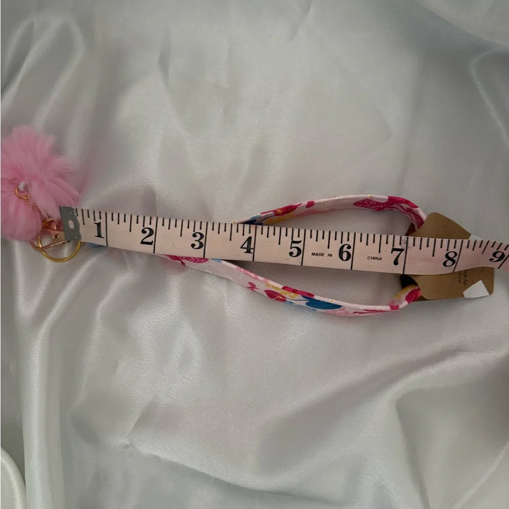 Handmade Floral Deer Print Wristlet Keychain with Light Pink Pompom